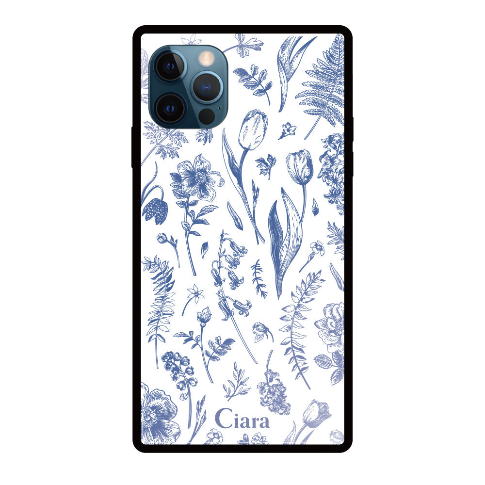iPhone12ProMaxケース スクエア 強化ガラスケース ロマンティックフラワー ブルー