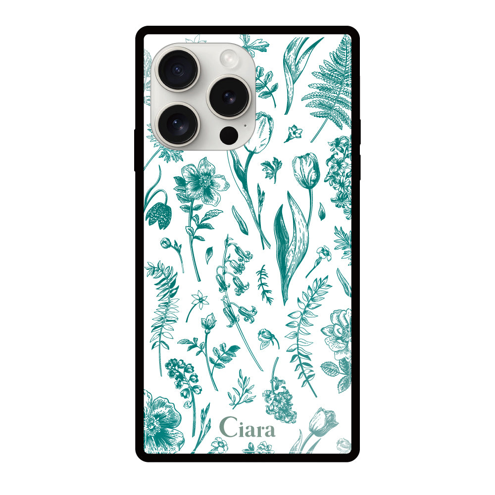 iPhone15ProMaxケース スクエア 強化ガラスケース ロマンティックフラワー ブルー