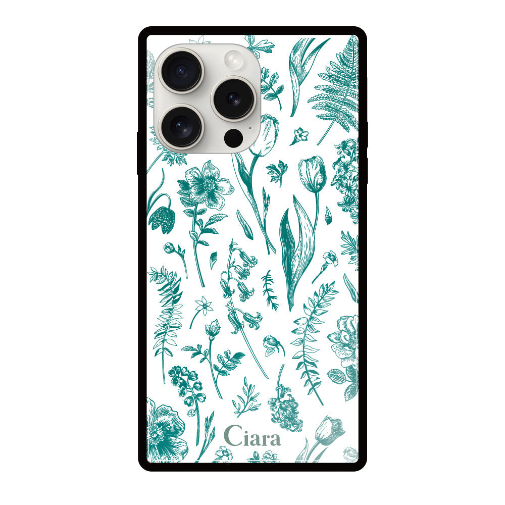 iPhone15ProMaxケース スクエア 強化ガラスケース ロマンティックフラワー ブルー