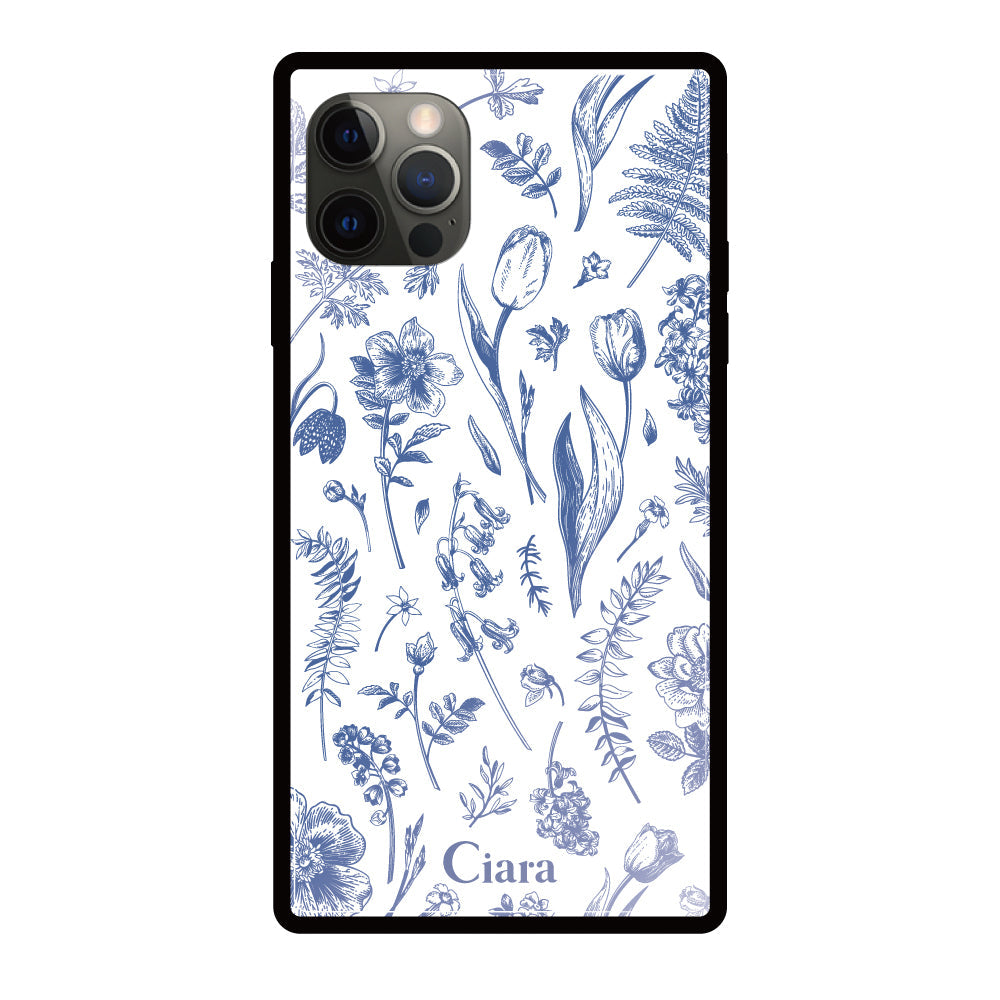 iPhoneX/XSケース スクエア 強化ガラスケース ロマンティックフラワー ブルー