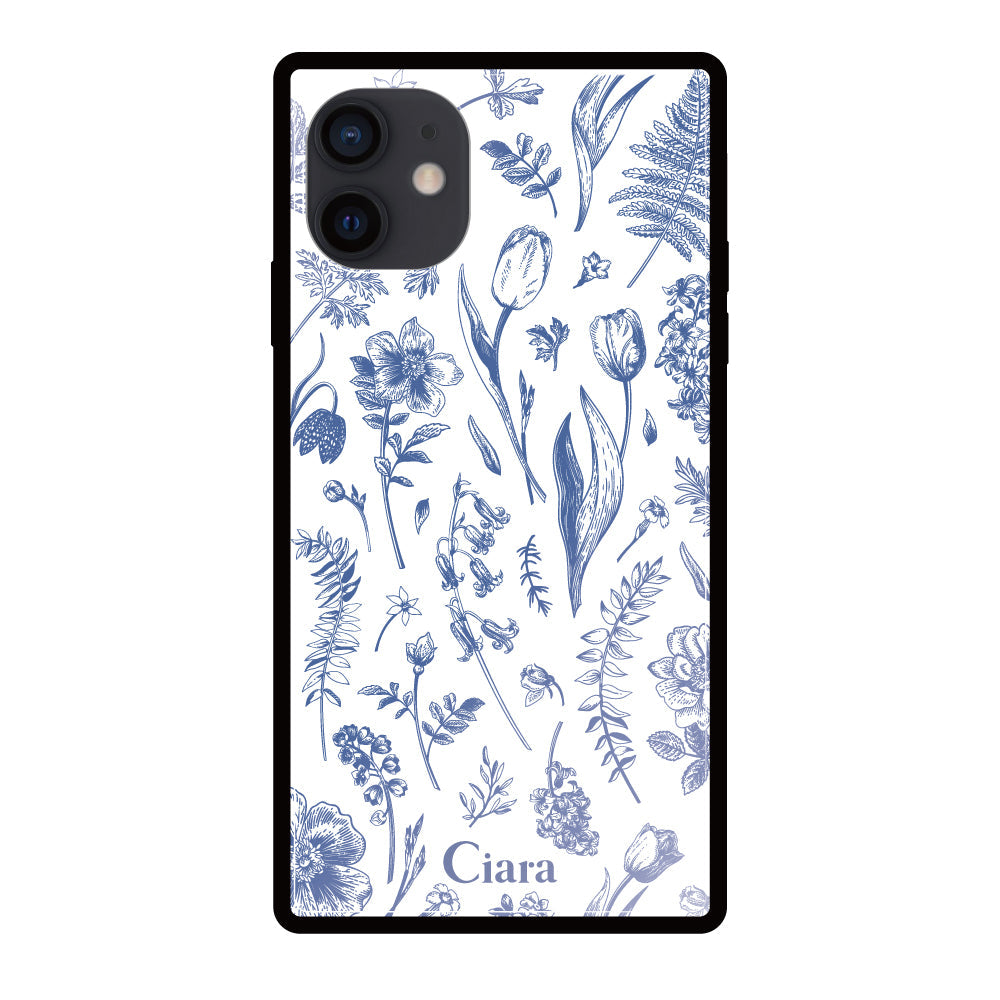 iPhoneXRケース スクエア 強化ガラスケース ロマンティックフラワー ブルー