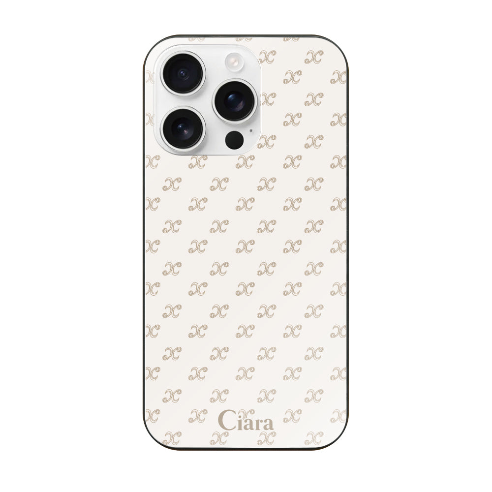 iPhone16ProMaxケース ガラス 強化ガラスケース シアラモノグラムパターン ベージュ
