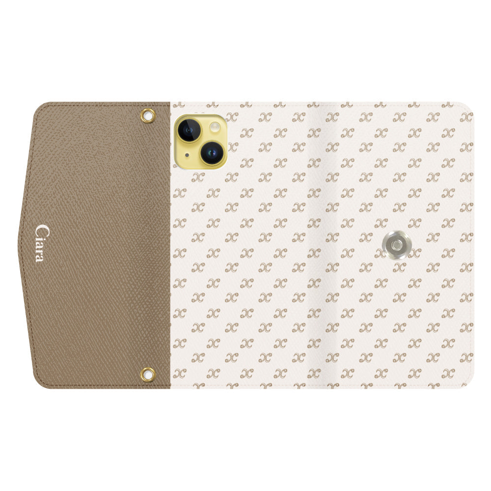 iPhone14Plusケース 手帳型カード収納レザーケース シアラモノグラムパターン ベージュ