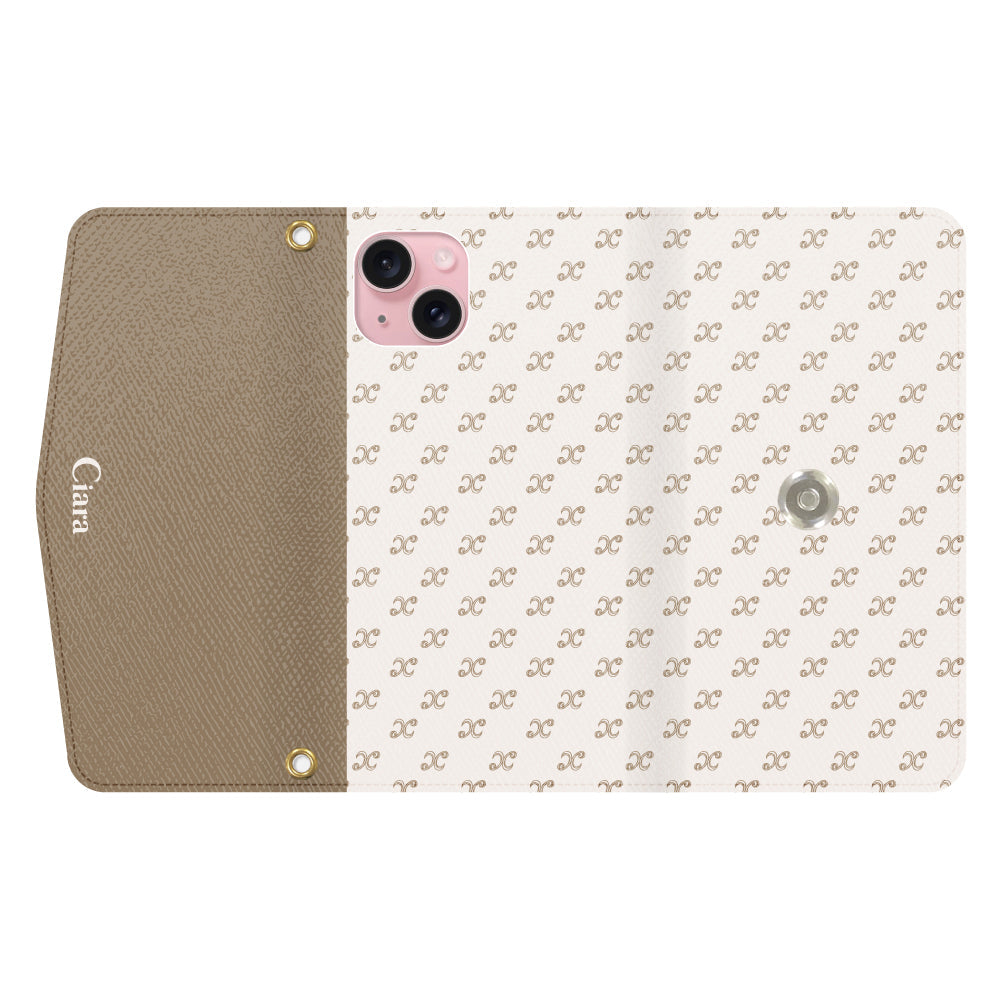 iPhone15ケース 手帳型カード収納レザーケース シアラモノグラムパターン ベージュ