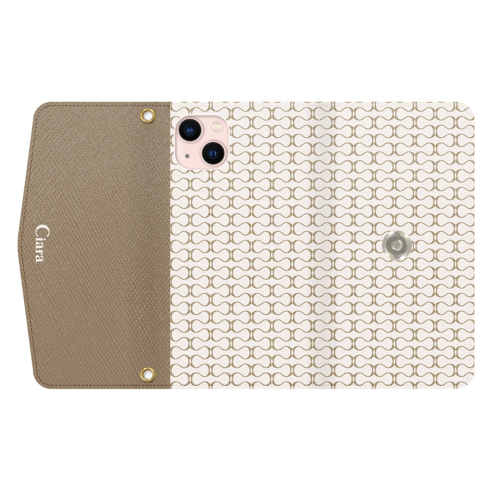 iPhone13ケース 手帳型カード収納レザーケース シアラマカダムパターン ベージュ