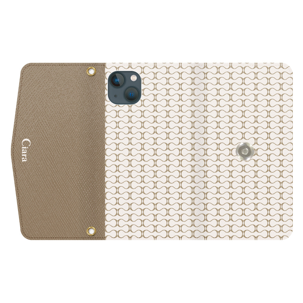 iPhone13miniケース 手帳型カード収納レザーケース シアラマカダムパターン ベージュ