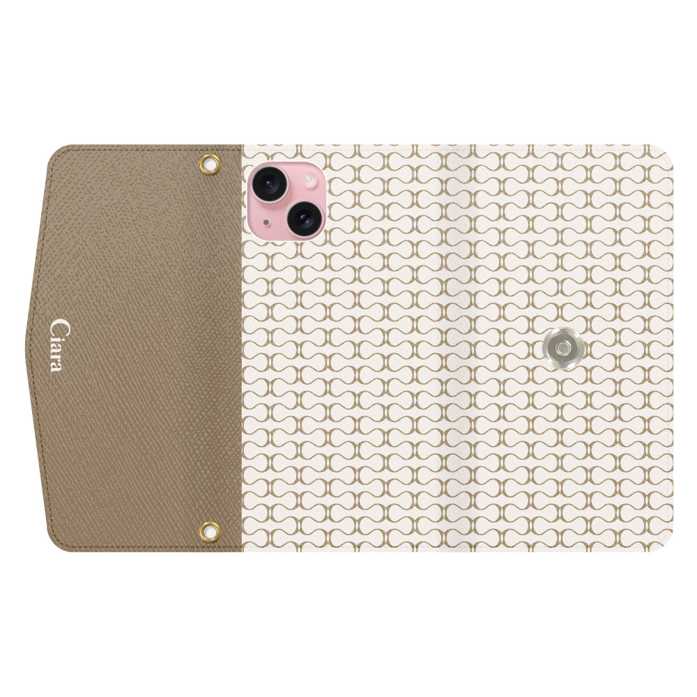 iPhone15ケース 手帳型カード収納レザーケース シアラマカダムパターン ベージュ