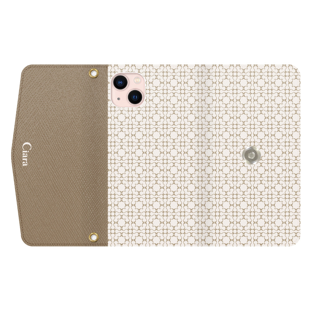 iPhone13ケース 手帳型カード収納レザーケース シアラマカダムフルパターン ベージュ