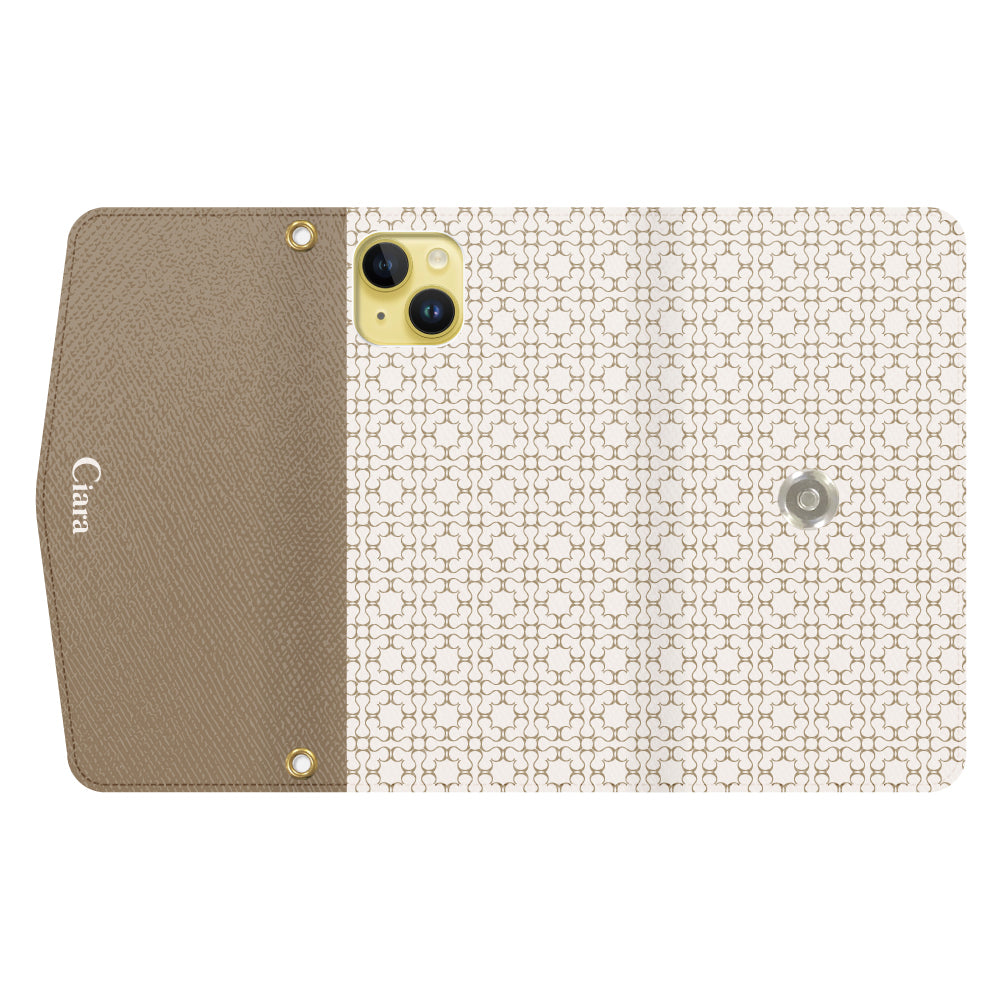 iPhone14Plusケース 手帳型カード収納レザーケース シアラマカダムフルパターン ベージュ