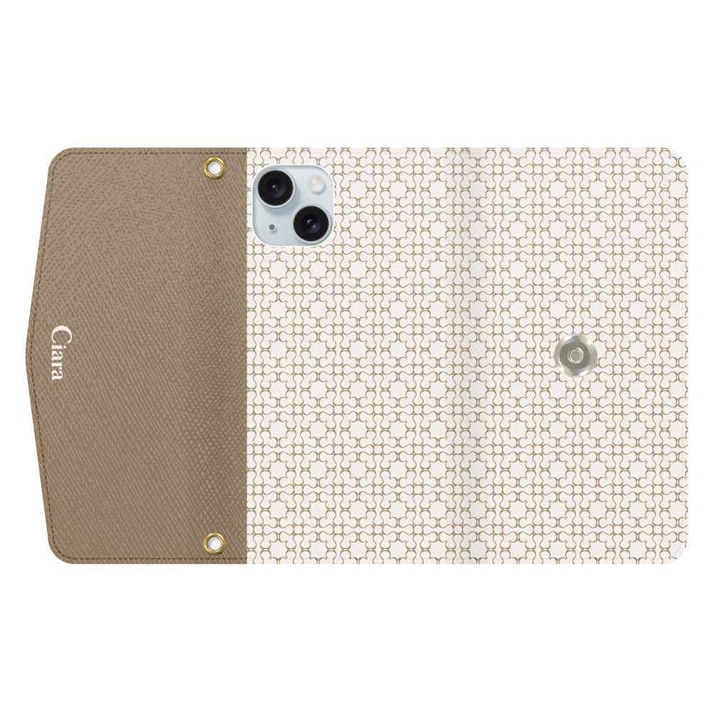 iPhone15Plusケース 手帳型カード収納レザーケース シアラマカダムフルパターン ベージュ