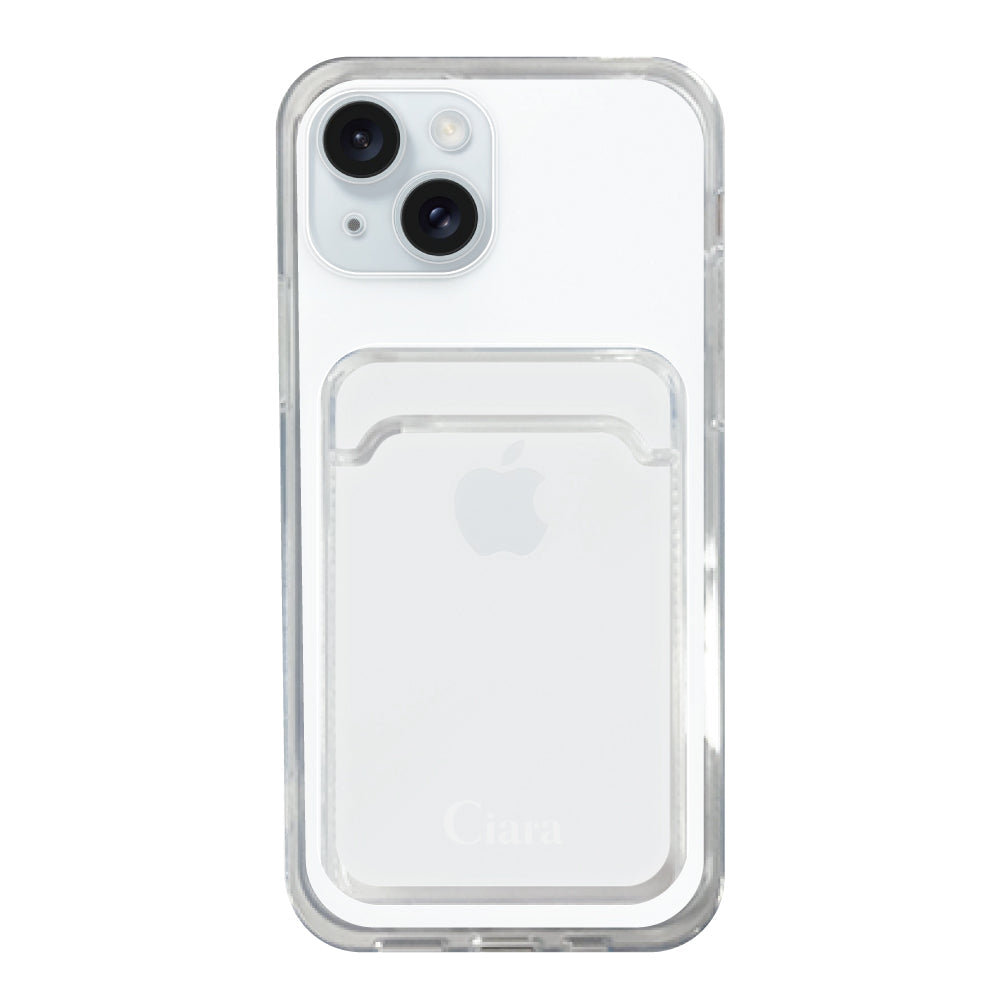 iPhone15Plusケース TPU カード収納クリアケース ロゴ ホワイト
