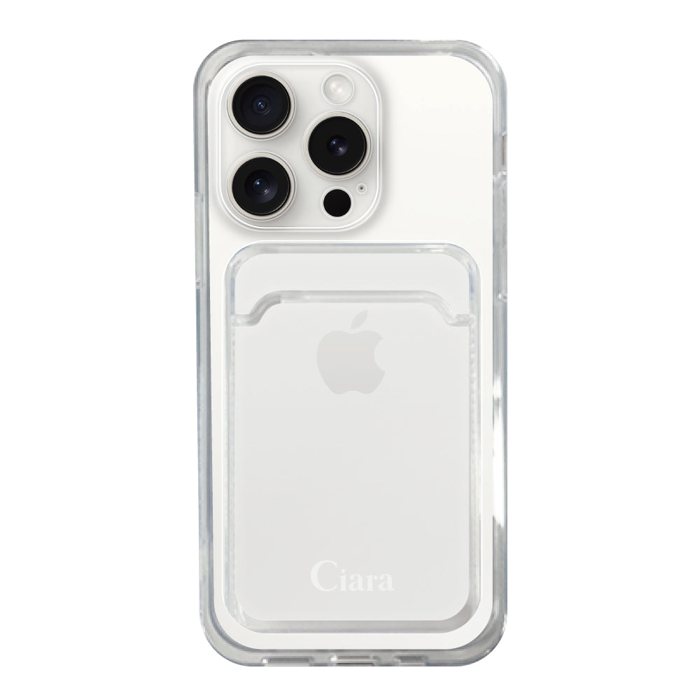 iPhone15ProMaxケース TPU カード収納クリアケース ロゴ ホワイト