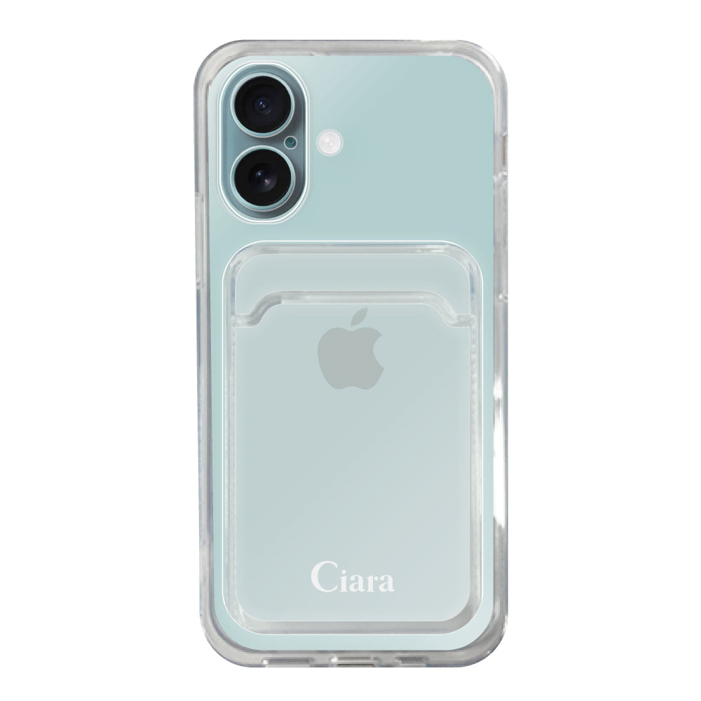 iPhone16Plusケース TPU カード収納クリアケース ロゴ ホワイト