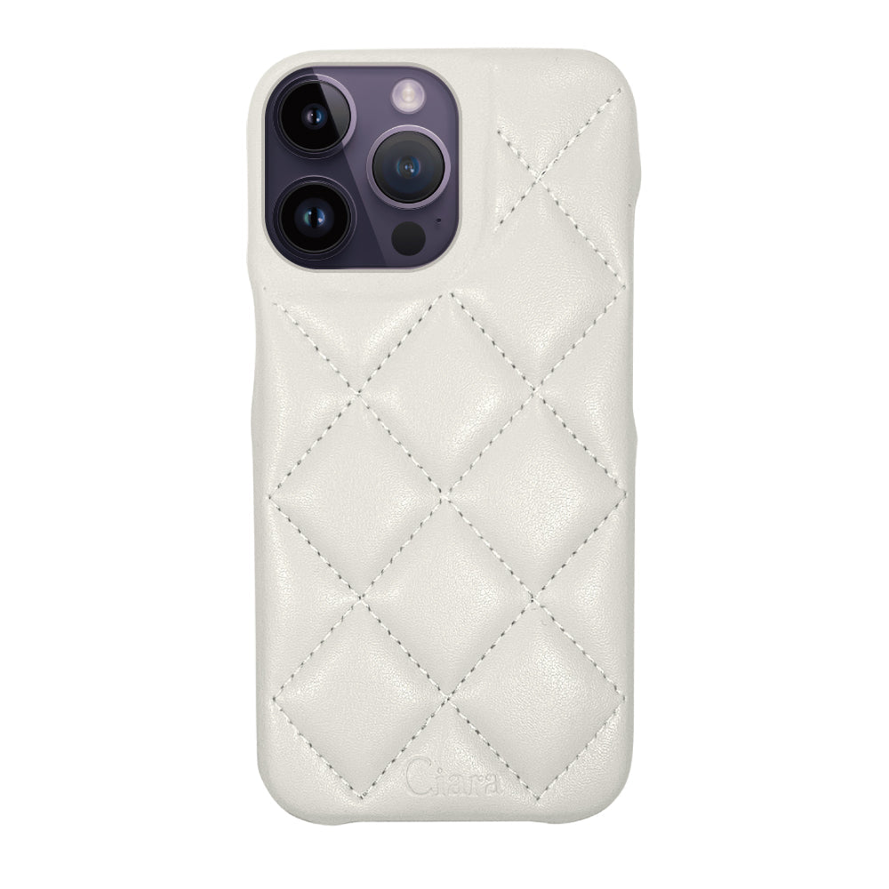 iPhone14ProMax キルティングPU レザーケース ロゴ ホワイト