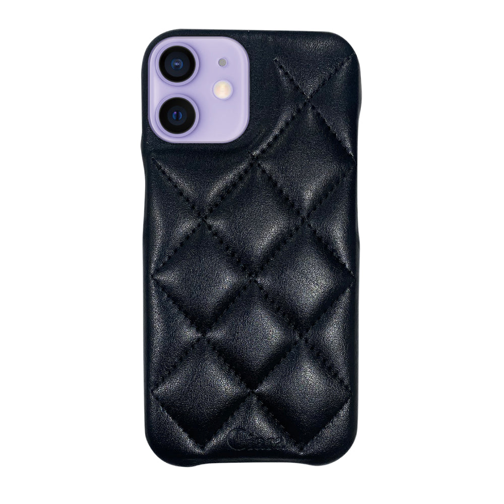 iPhone12/12Pro キルティングPU レザーケース ロゴ ブラック