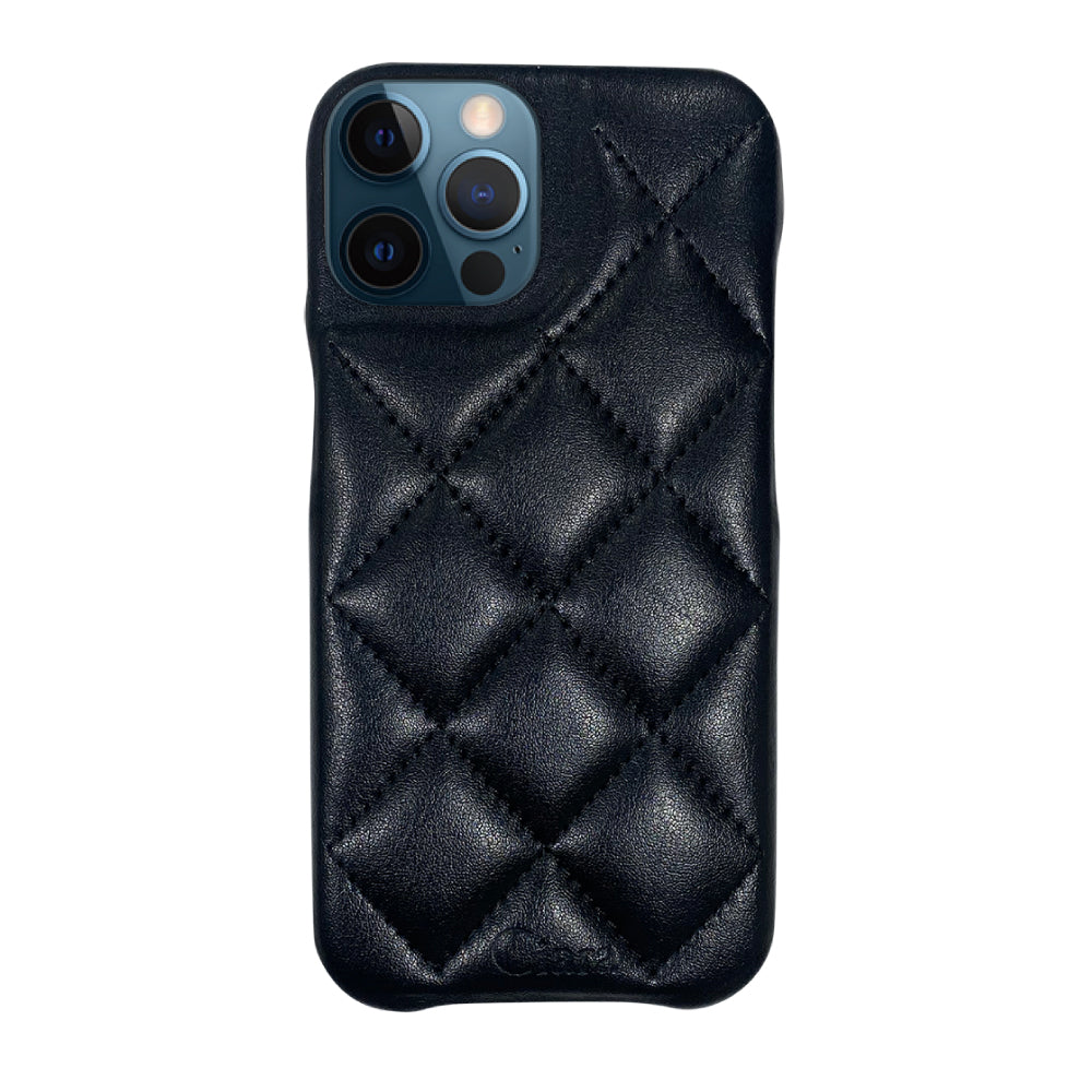 iPhone12ProMax キルティングPU レザーケース ロゴ ブラック