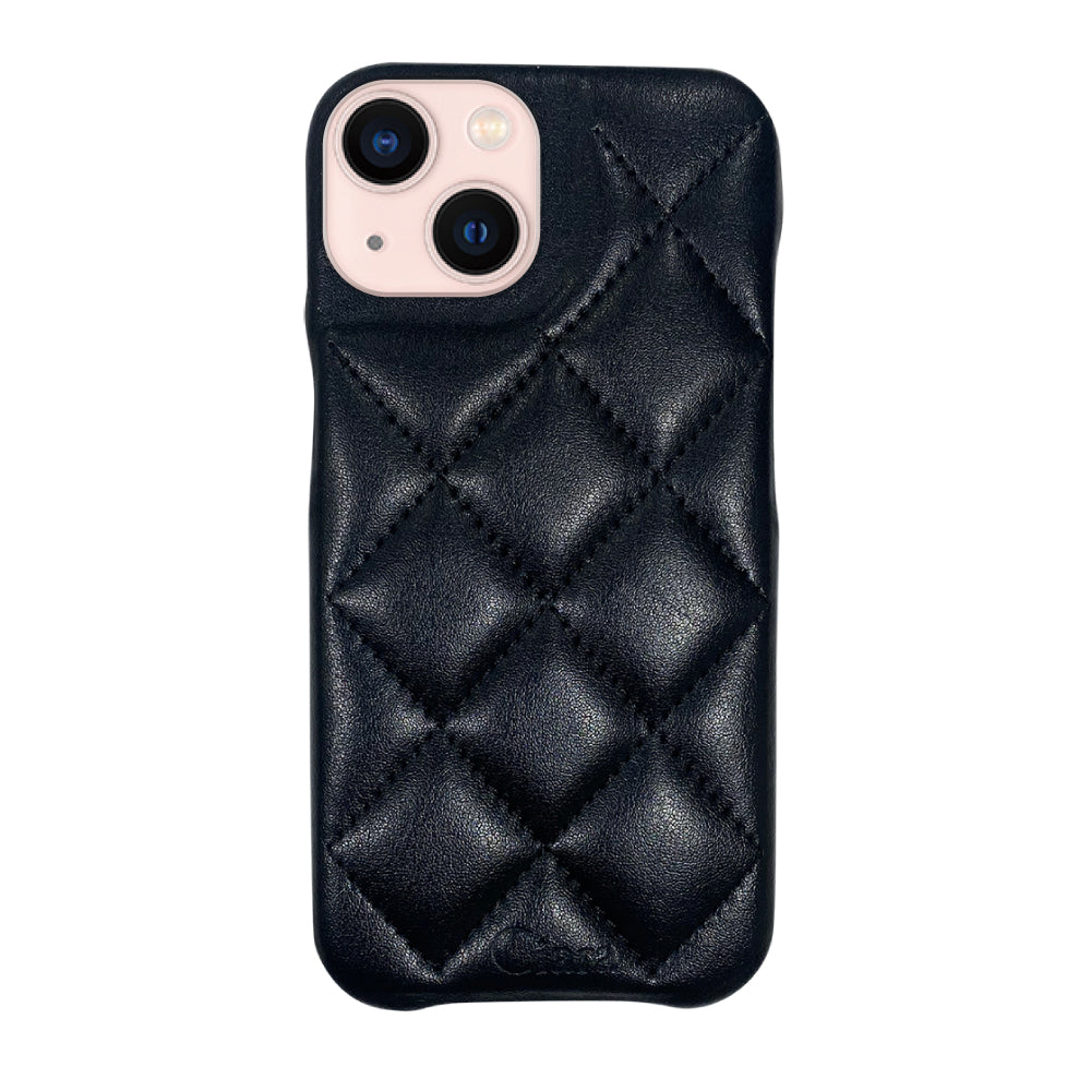 iPhone13 キルティングPU レザーケース ロゴ ブラック