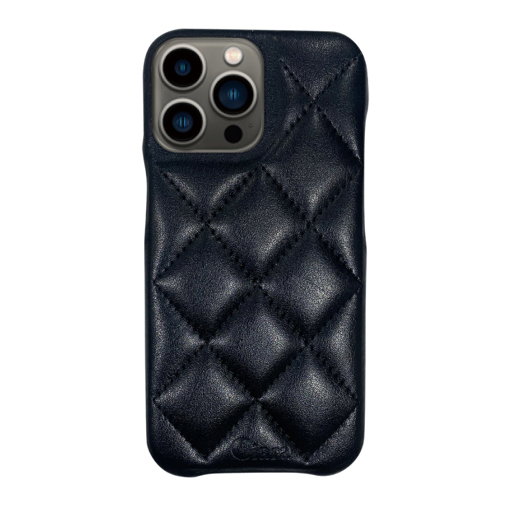 iPhone13Pro キルティングPU レザーケース ロゴ ブラック
