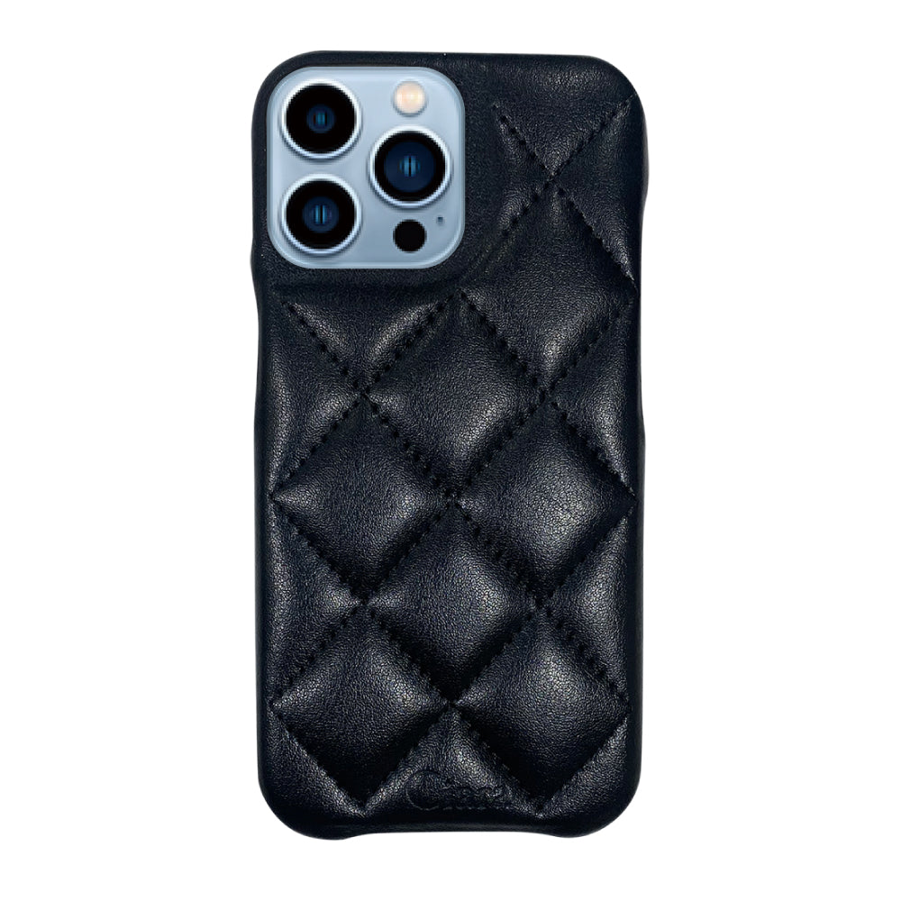 iPhone13ProMax キルティングPU レザーケース ロゴ ブラック