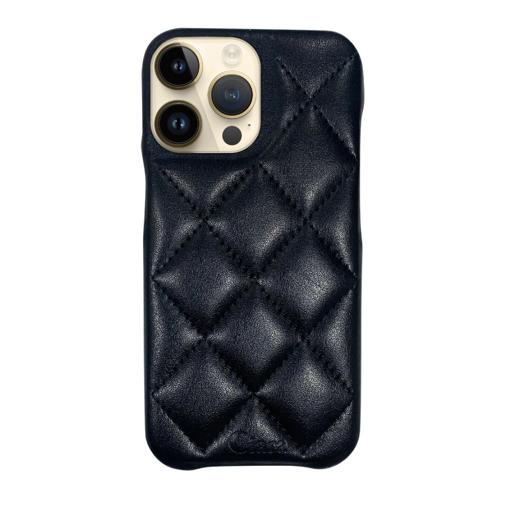 iPhone14Pro キルティングPU レザーケース ロゴ ブラック