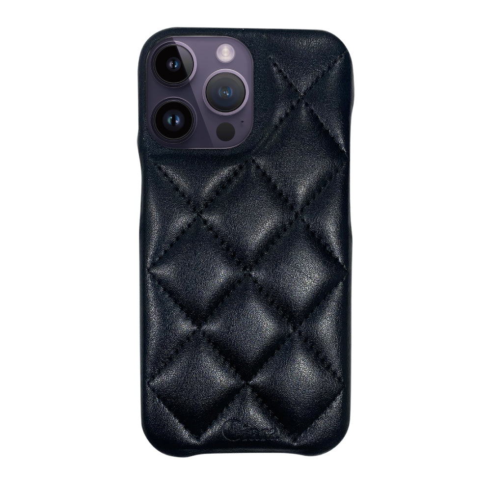 iPhone14ProMax キルティングPU レザーケース ロゴ ブラック