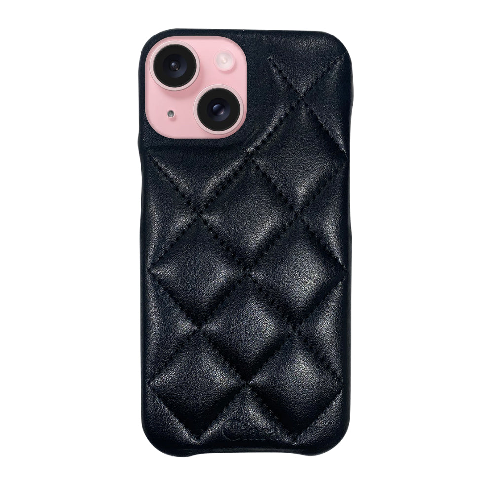 iPhone15 キルティングPU レザーケース ロゴ ブラック