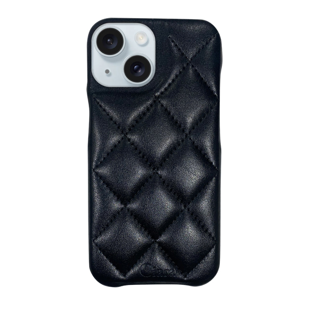 iPhone15Plus キルティングPU レザーケース ロゴ ブラック
