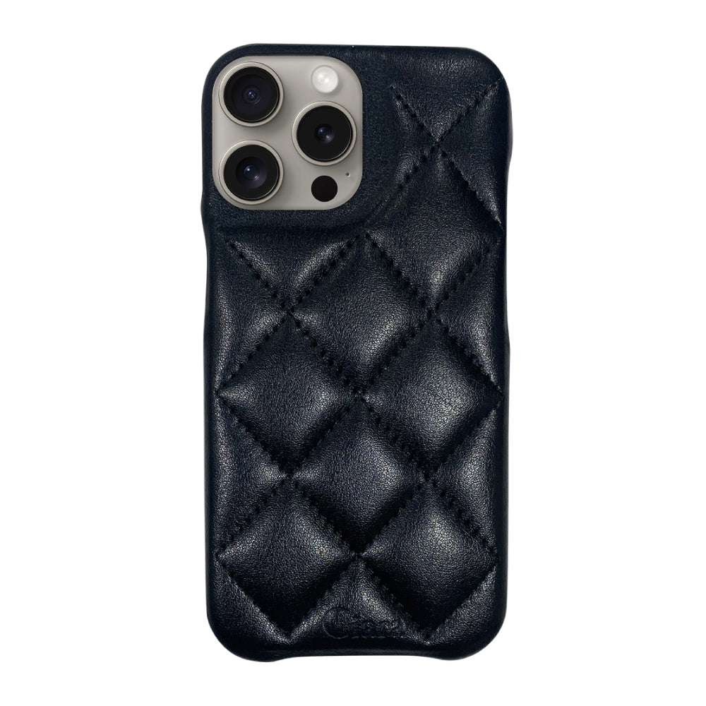 iPhone15Pro キルティングPU レザーケース ロゴ ブラック