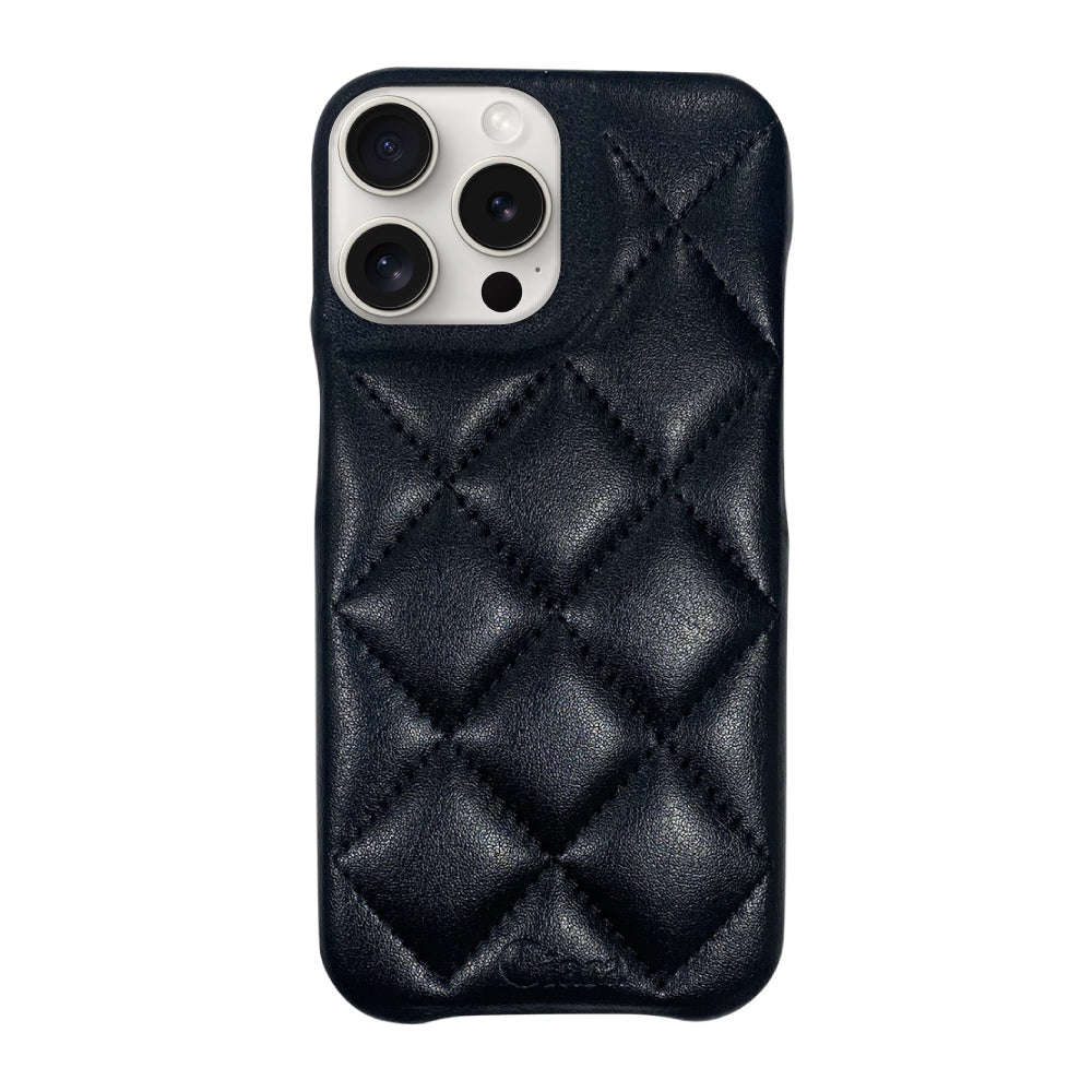 iPhone15ProMax キルティングPU レザーケース ロゴ ブラック