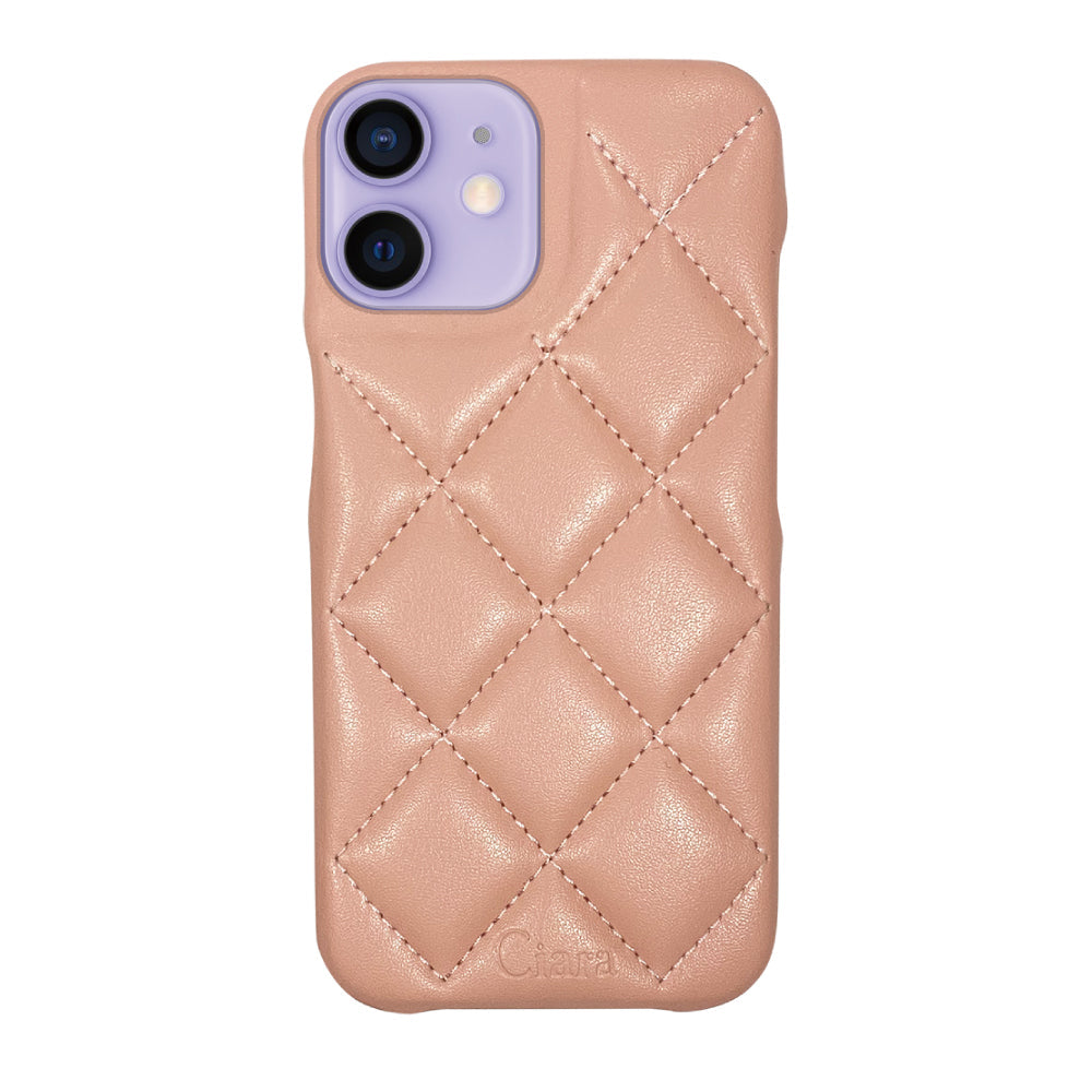 iPhone12/12Pro キルティングPU レザーケース ロゴ ピンク