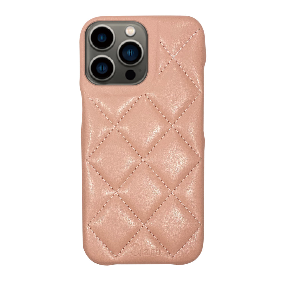 iPhone13Pro キルティングPU レザーケース ロゴ ピンク