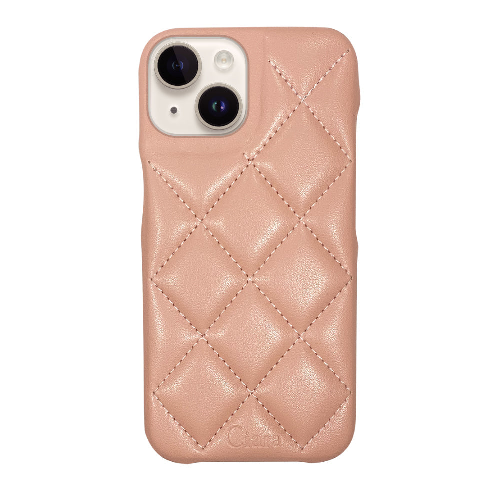 iPhone14 キルティングPU レザーケース ロゴ ピンク