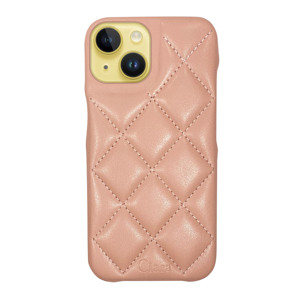 iPhone14Plus キルティングPU レザーケース ロゴ ピンク