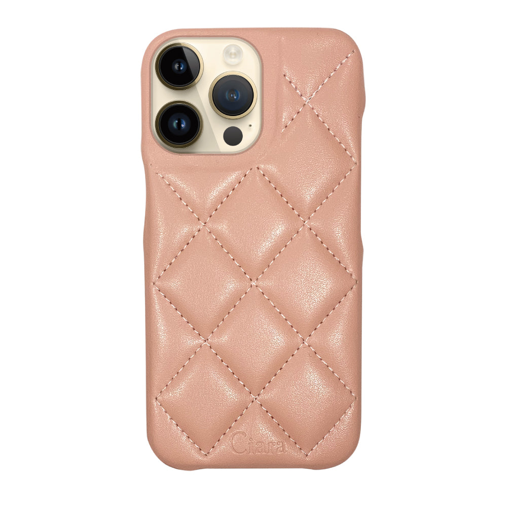 iPhone14Pro キルティングPU レザーケース ロゴ ピンク
