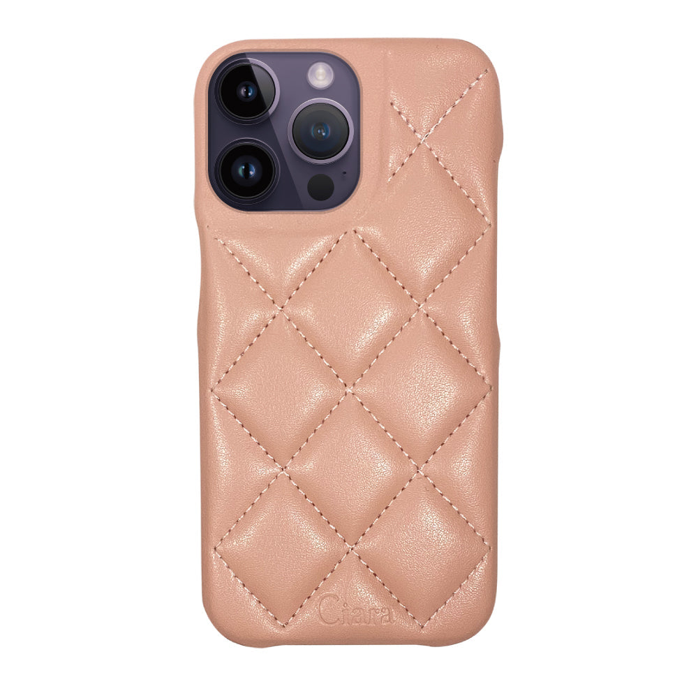 iPhone14ProMax キルティングPU レザーケース ロゴ ピンク