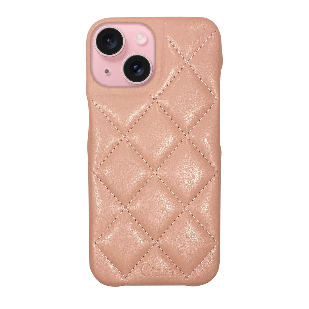 iPhone15 キルティングPU レザーケース ロゴ ピンク