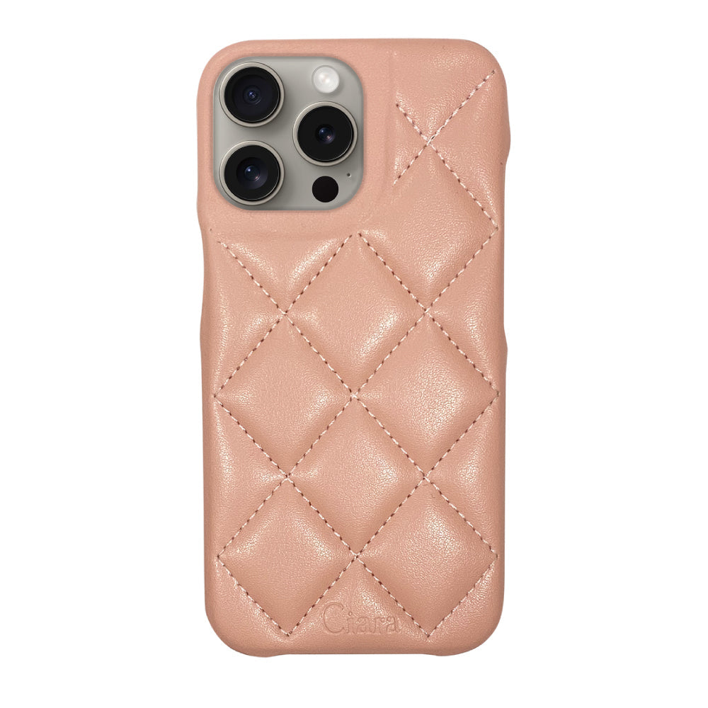 iPhone15Pro キルティングPU レザーケース ロゴ ピンク