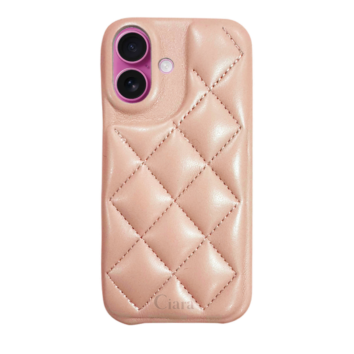 iPhone16Plus キルティングPU レザーケース ロゴ ピンク