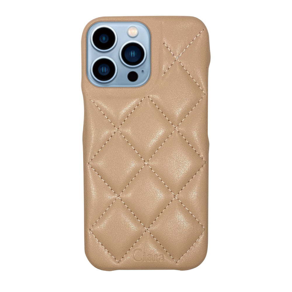 iPhone13ProMax キルティングPU レザーケース ロゴ ベージュ
