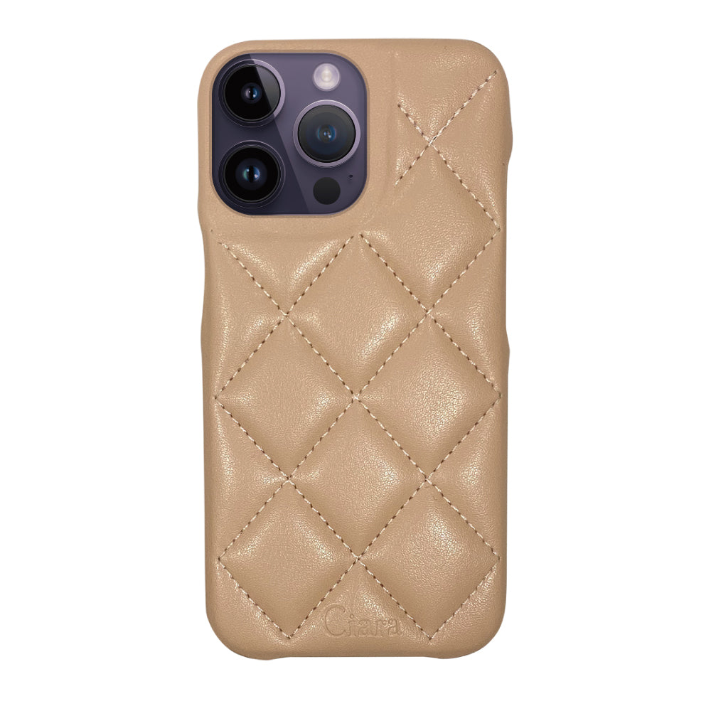 iPhone14ProMax キルティングPU レザーケース ロゴ ベージュ