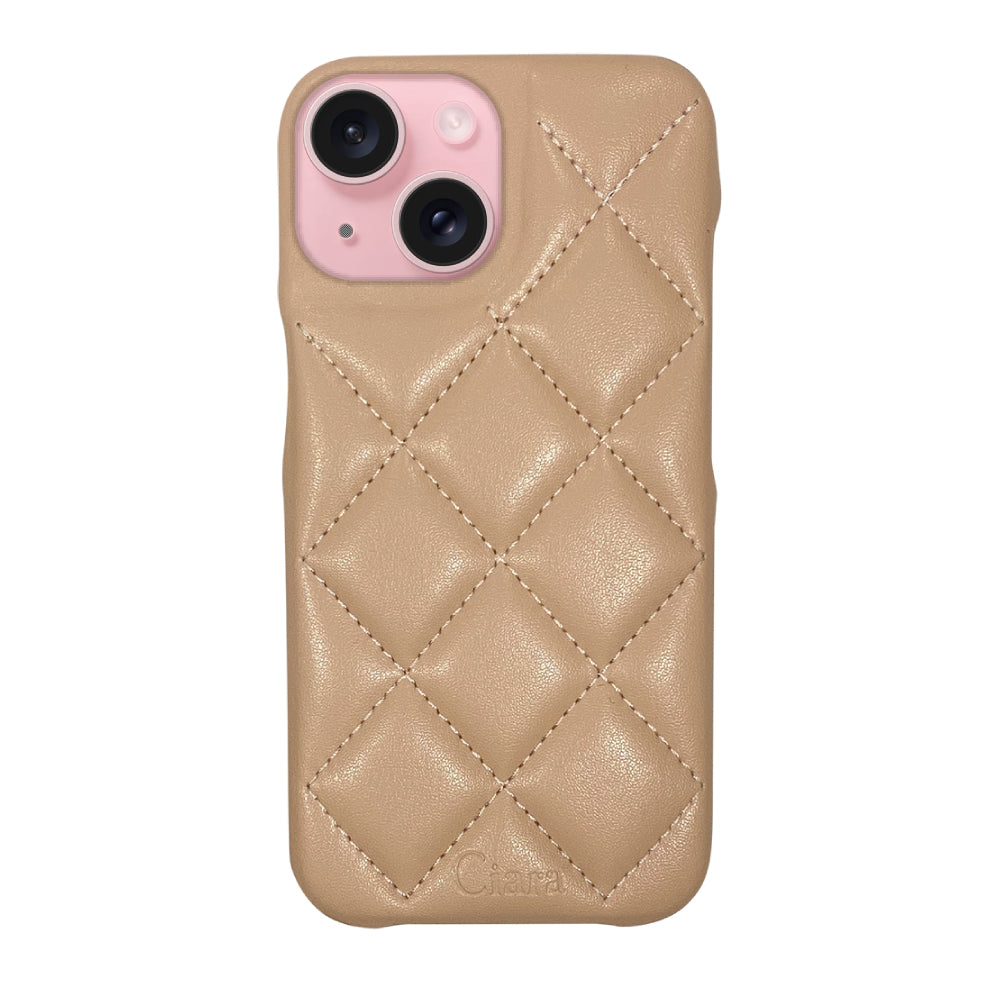 iPhone15 キルティングPU レザーケース ロゴ ベージュ