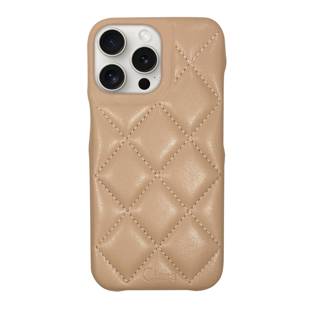 iPhone15ProMax キルティングPU レザーケース ロゴ ベージュ