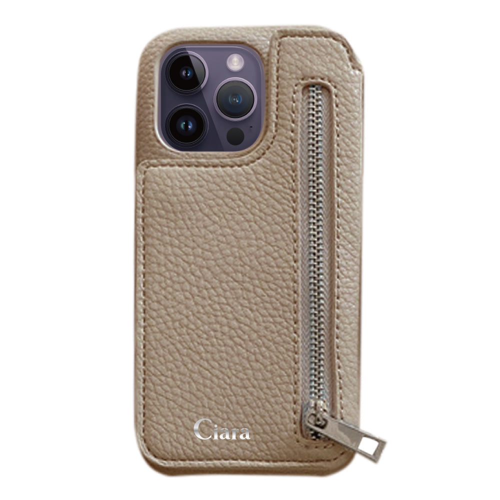 iPhone14ProMaxケース ZIPポケットミラー付き背面手帳PUレザー 手帳型カード収納レザーケース ロゴ ベージュ