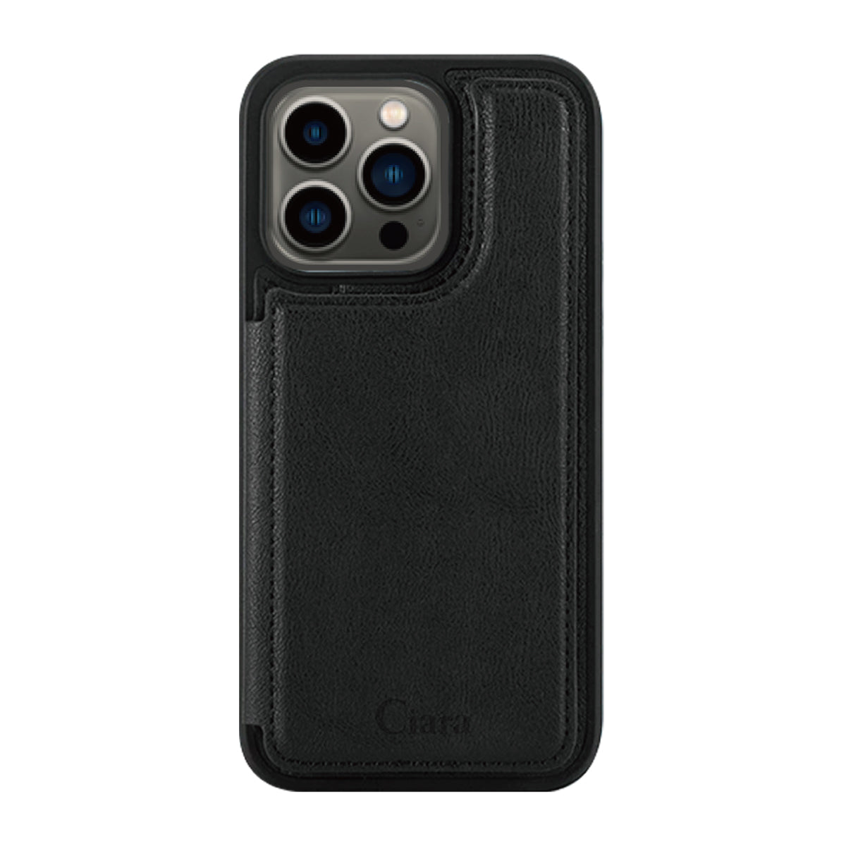 iPhone13Pro カード収納付きバックフリップ手帳型 カード収納ケース ロゴ ブラック