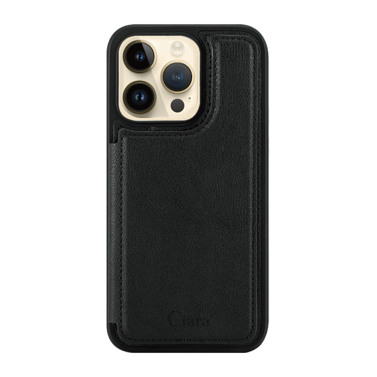 iPhone14Pro カード収納付きバックフリップ手帳型 カード収納ケース ロゴ ブラック