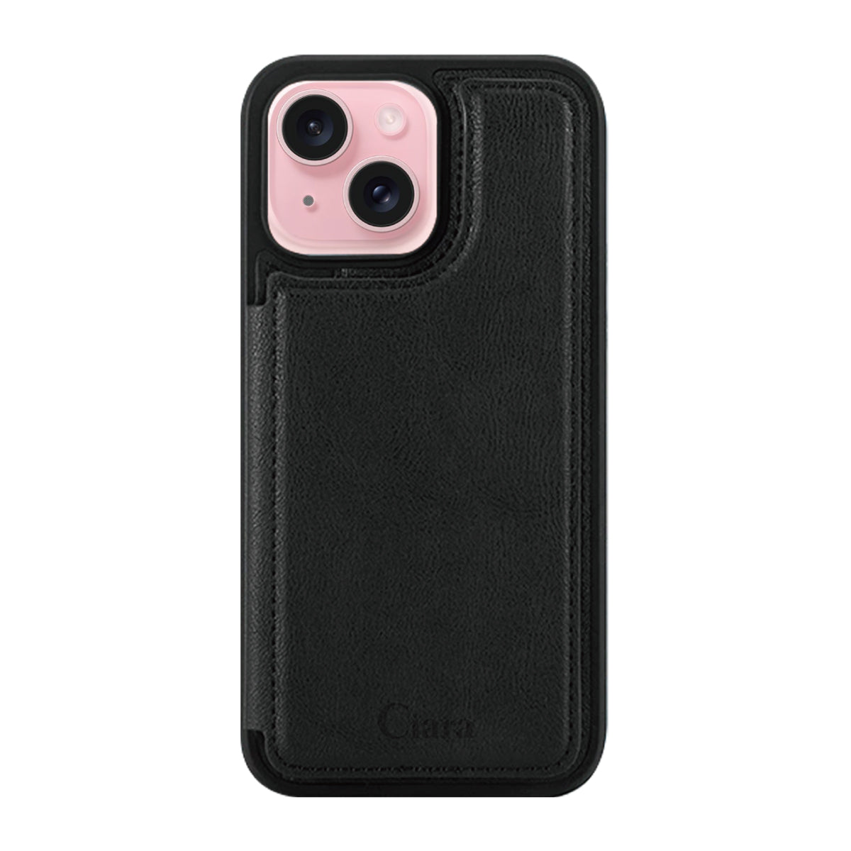 iPhone15 カード収納付きバックフリップ手帳型 カード収納ケース ロゴ ブラック