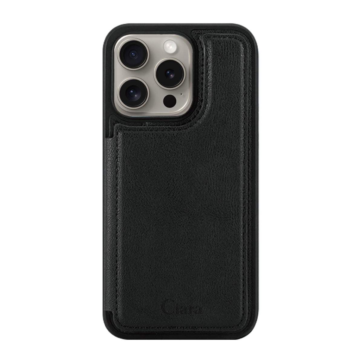 iPhone15Pro カード収納付きバックフリップ手帳型 カード収納ケース ロゴ ブラック