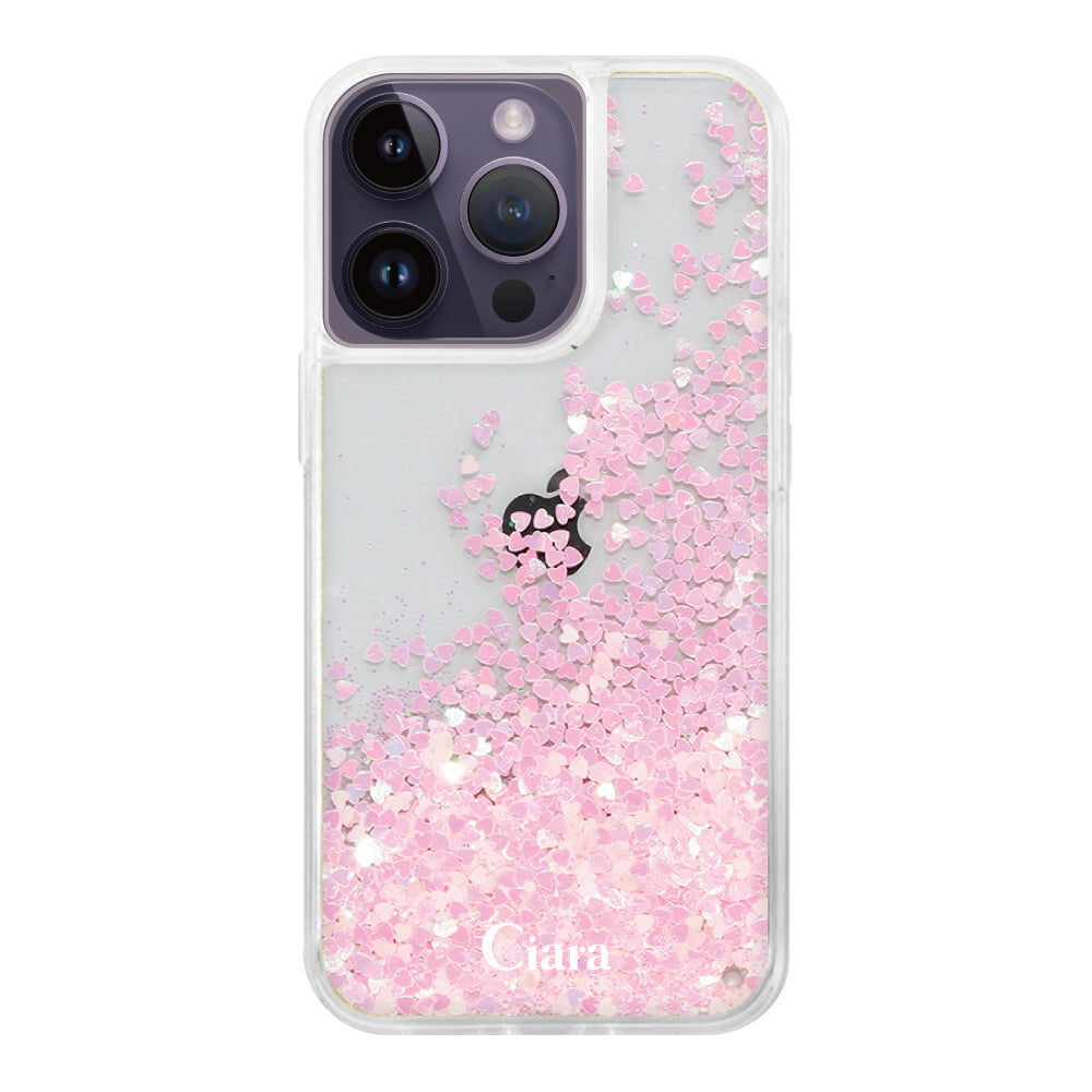 iPhone14ProMax グリッター オイルクリアケース ロゴ ピンク