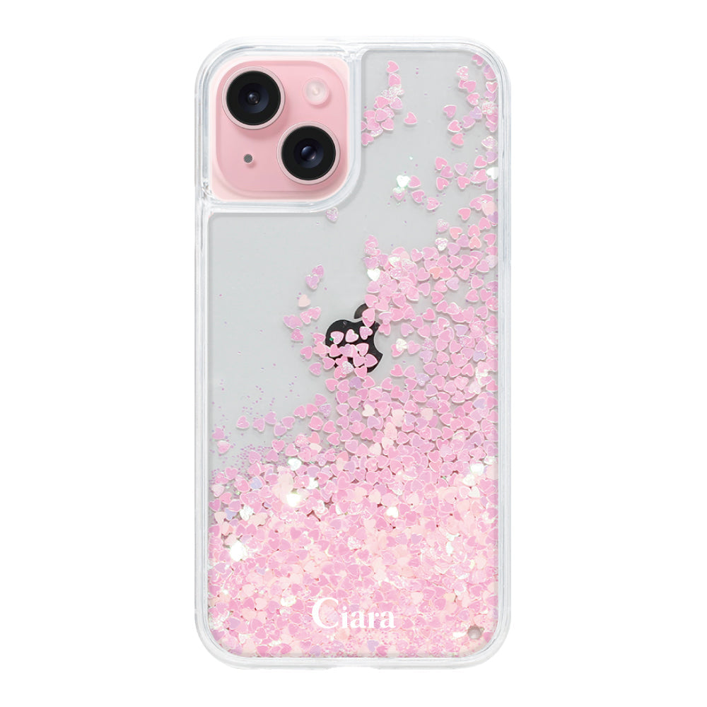 iPhone15 グリッター オイルクリアケース ロゴ ピンク