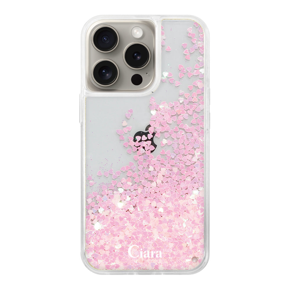 iPhone15Pro グリッター オイルクリアケース ロゴ ピンク